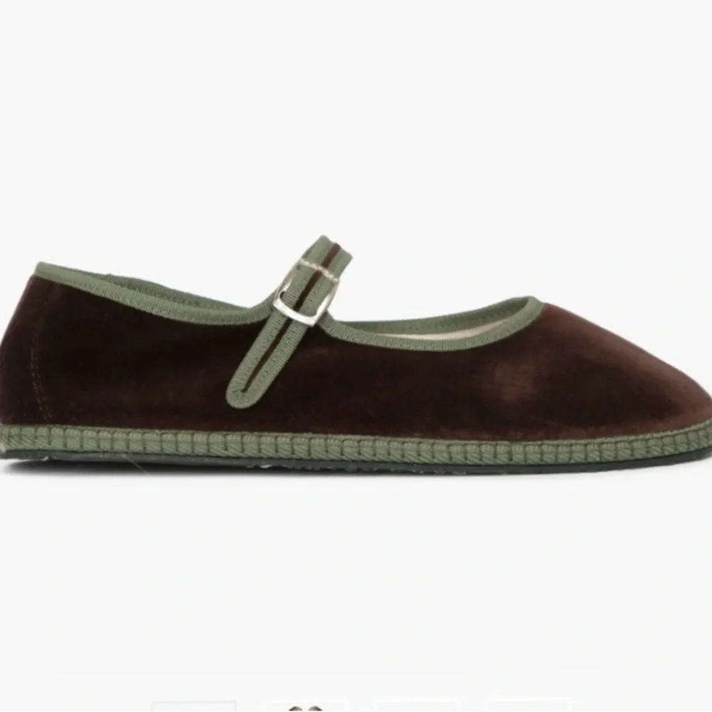 Women's Brown Velvet Mary Jane Flats with Olive Trim - Picture 2 of 3